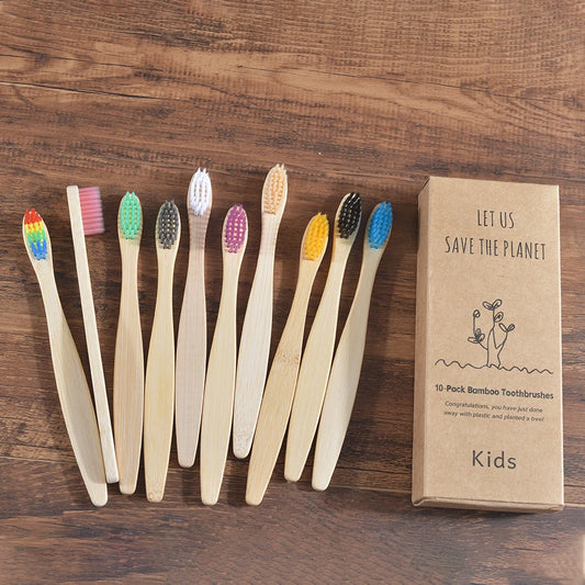 10-Pack Biodegradable Bamboo Kids' Toothbrushes - Soft Bristles (Fun Colors)